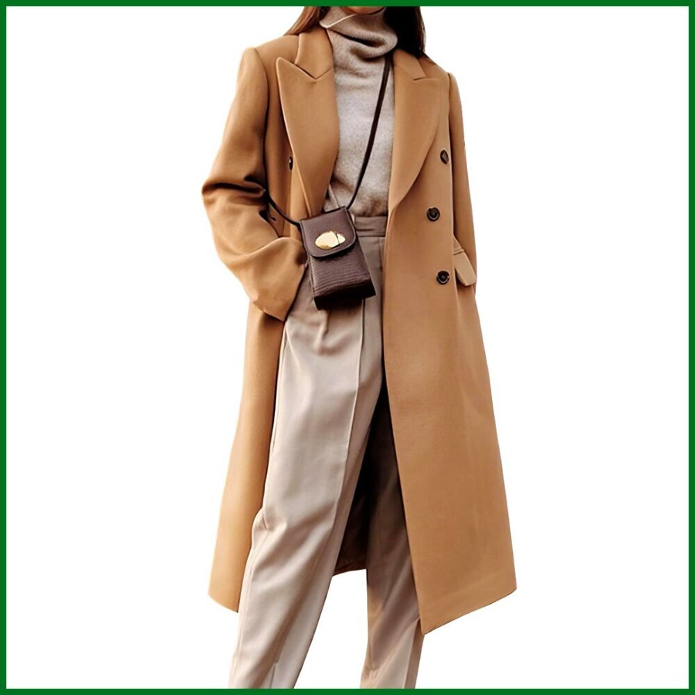 Long Wool Pea Coat Double Breasted Trench Overcoat